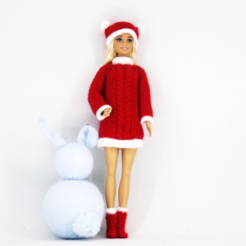 Patrón vestido navidad con gorro y botas de lana válido para muñecas tipo Barbie