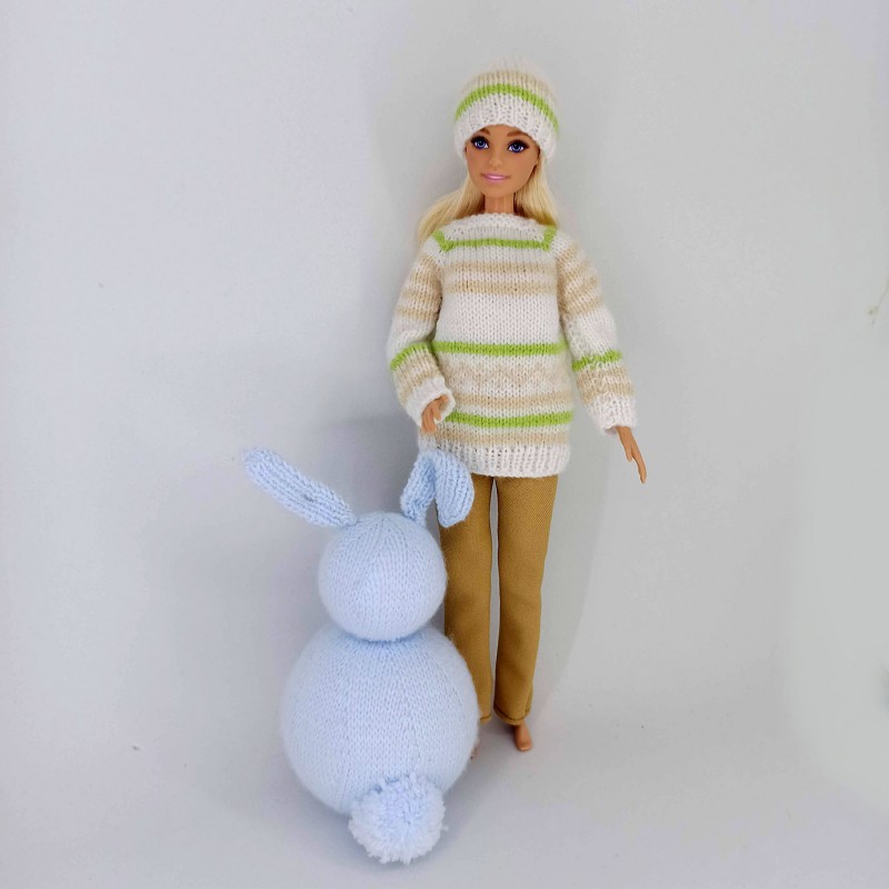 Patrón jersey y gorro de lana con pantalón de tela válido para muñecas tipo Barbie