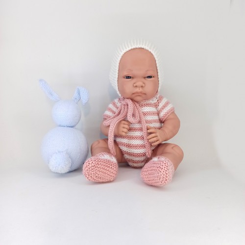 Patrón pelele manga corta rayas, gorro tipo pixie y patucos válido para Antonio Juan 33 cm