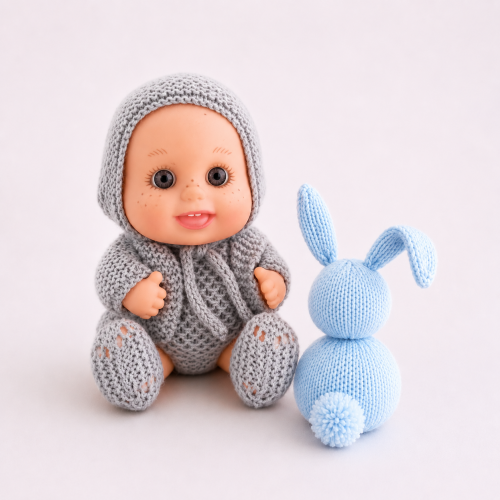 Patrón pelele con dibujos, rebeca, capota y zapatos válido para Baby Pelón