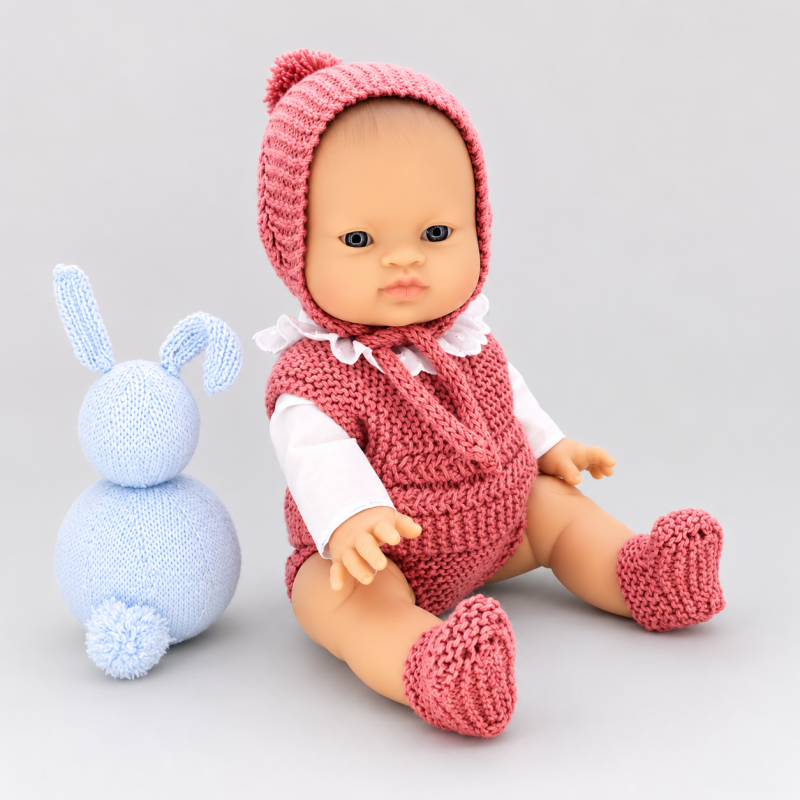 Patrón Chaleco, cubrepañal, patucos gorro y camisa Gordi de Paola Reina 34 cm