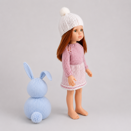 Patrón vestido con falda de rayas verticales y gorro válido para Paola Reina 32 cm